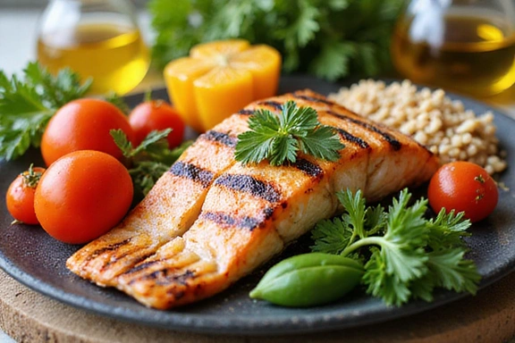 Slika zdrave mediteranske prehrane s povrćem, ribom i maslinovim uljem.