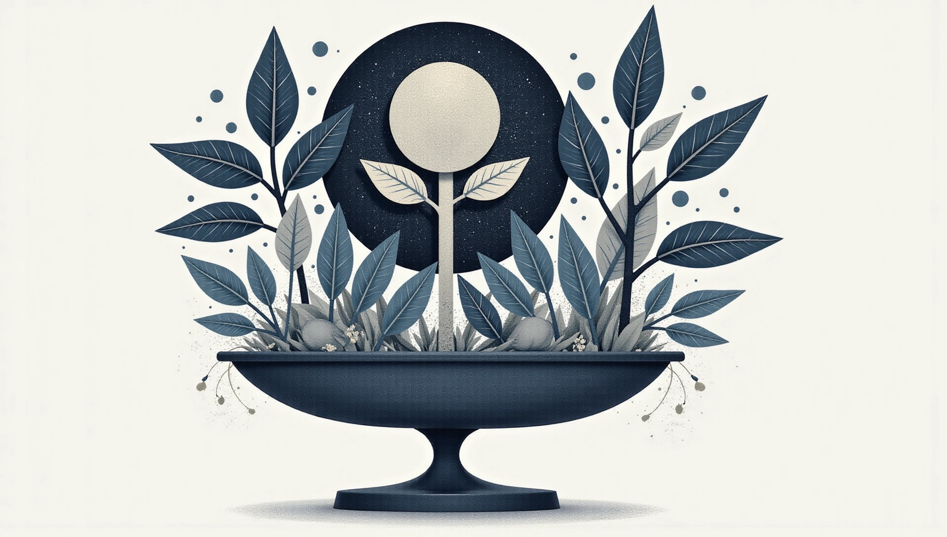 Moderna, minimalistička ilustracija apstraktnog balansa i harmonije, sa elementima koji simbolizuju muško zdravlje i prirodu, u tamnim i srebrnim tonovima.