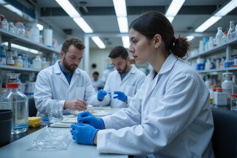 Tim znanstvenika u laboratoriju koji provode istraživanje i razvoj novih formula, s modernom opremom i fokusiranim izrazima.